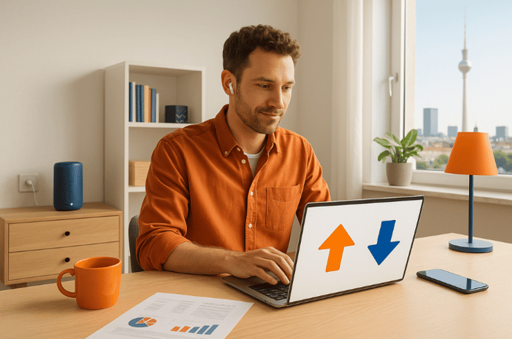 Ein lächelndes, mittelaltes Paar steht vor einem modernen Einfamilienhaus mit orangefarbener Tür. Der Mann hält Baupläne in Orange, die Frau ein Tablet. Im Hintergrund ist ein Rohbau mit Gerüst zu sehen. Das Bild symbolisiert Wertsteigerung und Zukunftssicherheit durch Glasfaseranschluss bei Neubau oder Modernisierung.