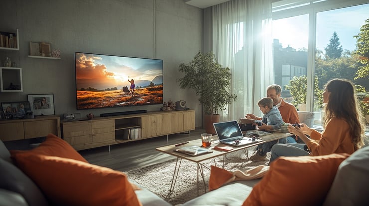 Familie vorm Fernseher Laptop + Konsole