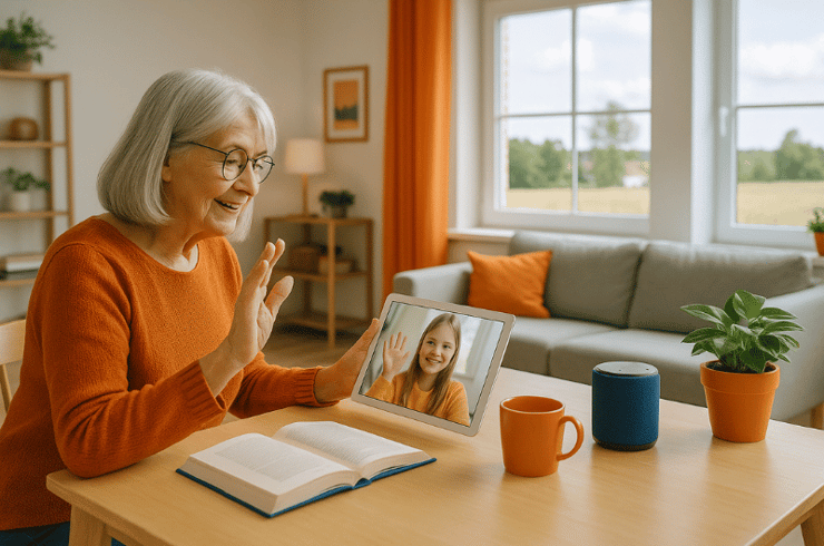 Ältere Frau mit grauen Haaren und Brille sitzt in einem hellen Wohnzimmer am Holztisch und winkt beim Videotelefonat auf dem Tablet ihrer Enkelin zu. Auf dem Tisch liegen ein Buch, eine orange Tasse und ein smarter Lautsprecher. Im Hintergrund sorgen Orange- und Blautöne sowie viel Tageslicht für eine wohnliche Atmosphäre. Das Bild zeigt soziale Teilhabe und digitale Lebensqualität auf dem Land.
