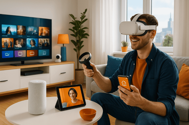 Junger Mann sitzt in einem modernen Wohnzimmer und nutzt eine VR-Brille, in der einen Hand einen Controller, in der anderen ein Smartphone mit Smarthome-Symbol. Auf dem Couchtisch stehen ein Smartspeaker und ein Tablet, im Hintergrund läuft auf dem Fernseher ein Streamingdienst. Das Bild vermittelt digitale Vernetzung und moderne Technik im Alltag.