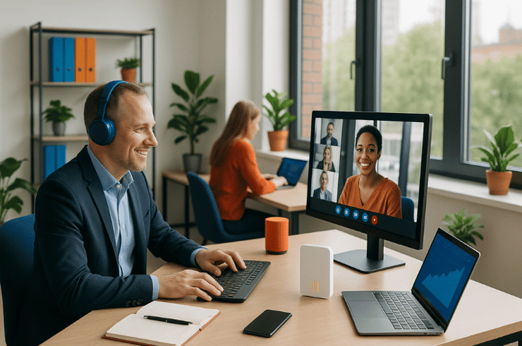 Modernes, lichtdurchflutetes Büro mit mehreren Menschen an Laptops. Ein Mann mit blauen Kopfhörern nimmt an einer Videokonferenz teil, im Vordergrund ein weißer Glasfaser-Router und eine orangefarbene Bluetooth-Box. Im Hintergrund sitzt eine Frau an einem weiteren Arbeitsplatz. Die Szene betont die Bedeutung von Highspeed-Internet für effiziente und verlässliche Unternehmenskommunikation.