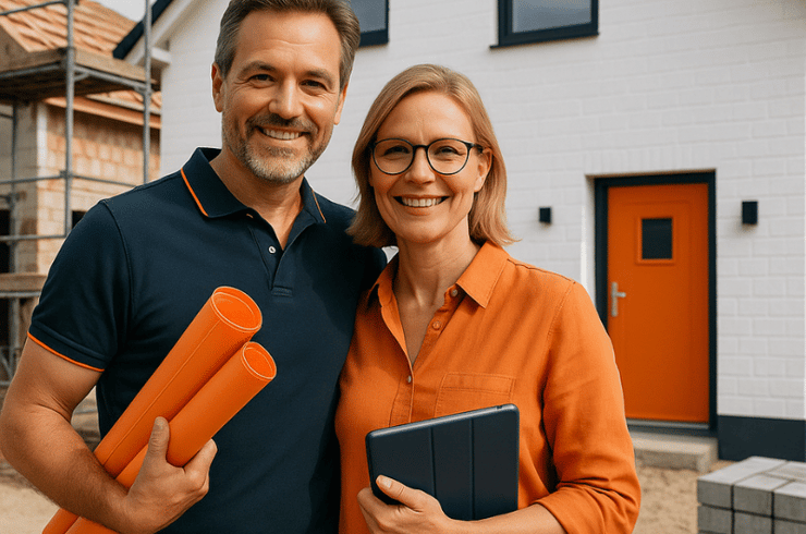 Ein lächelndes, mittelaltes Paar steht vor einem modernen Einfamilienhaus mit orangefarbener Tür. Der Mann hält Baupläne in Orange, die Frau ein Tablet. Im Hintergrund ist ein Rohbau mit Gerüst zu sehen. Das Bild symbolisiert Wertsteigerung und Zukunftssicherheit durch Glasfaseranschluss bei Neubau oder Modernisierung.