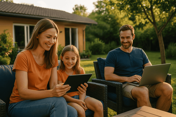 Eine Familie sitzt an einem warmen Sommertag entspannt im Garten vor ihrem Haus und nutzt gemeinsam Tablet und Laptop. Die Szene vermittelt stabiles WLAN und moderne Vernetzung im Innen- und Außenbereich – unterstützt durch leistungsstarkes Internet von DNS:NET.