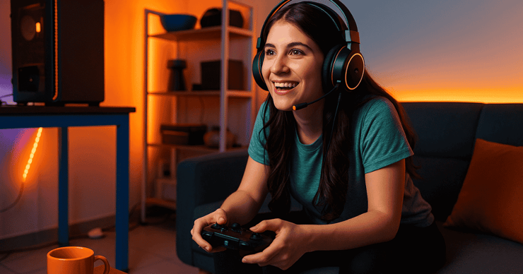 Junge Frau spielt mit Headset und Controller im modernen Wohnzimmer, Gaming-Setup in DNS:NET-Orange und Blau, PC, Fernbedienung und Tasse im Vordergrund.