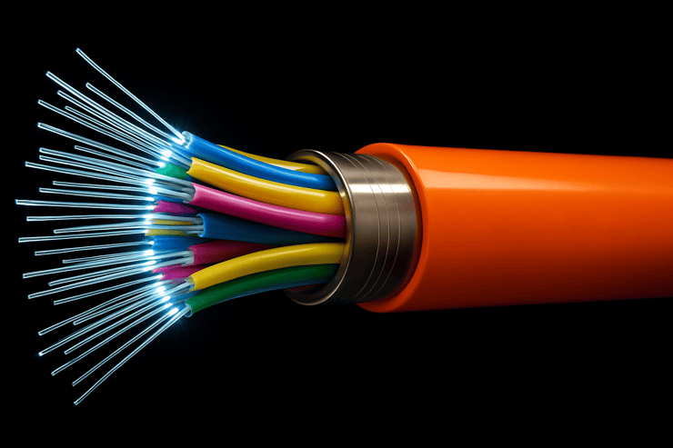 Nahaufnahme eines aufgeschnittenen Glasfaserkabels in leuchtendem DNS:NET-Orange. Zu sehen sind zahlreiche feine, farbcodierte Glasfasern im Inneren, die an den Enden hell leuchten. Das DNS:NET-Logo ist prominent auf dem Kabel platziert. Das Bild symbolisiert Highspeed-Internet und die moderne Glasfaserinfrastruktur von DNS:NET.