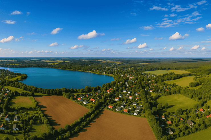 Luftaufnahme von Wandlitz und Umgebung: Ein großer, blauer See ist von Wäldern, Feldern und Wohnhäusern umgeben. Im Vordergrund liegen Dörfer und Einfamilienhäuser, am Horizont ausgedehnte Mischwälder. Der Himmel ist weit und leicht bewölkt. Das Bild steht für Lebensqualität und Digitalisierung durch den Glasfaserausbau in Wandlitz.