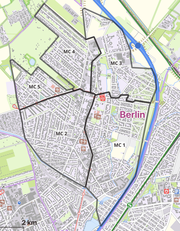 Karte des DNS:NET Glasfaser-Ausbaugebiets Berlin-Französisch Buchholz, unterteilt in fünf Microcluster. Die Cluster sind auf der Karte nicht farblich markiert.